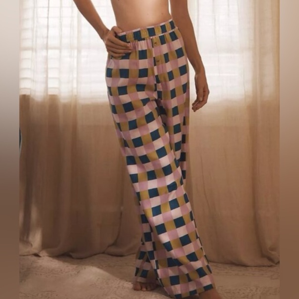 By Anthropologie  Liv Lee Wide Leg Checkered Flannel Pajama Pants-Size Medium